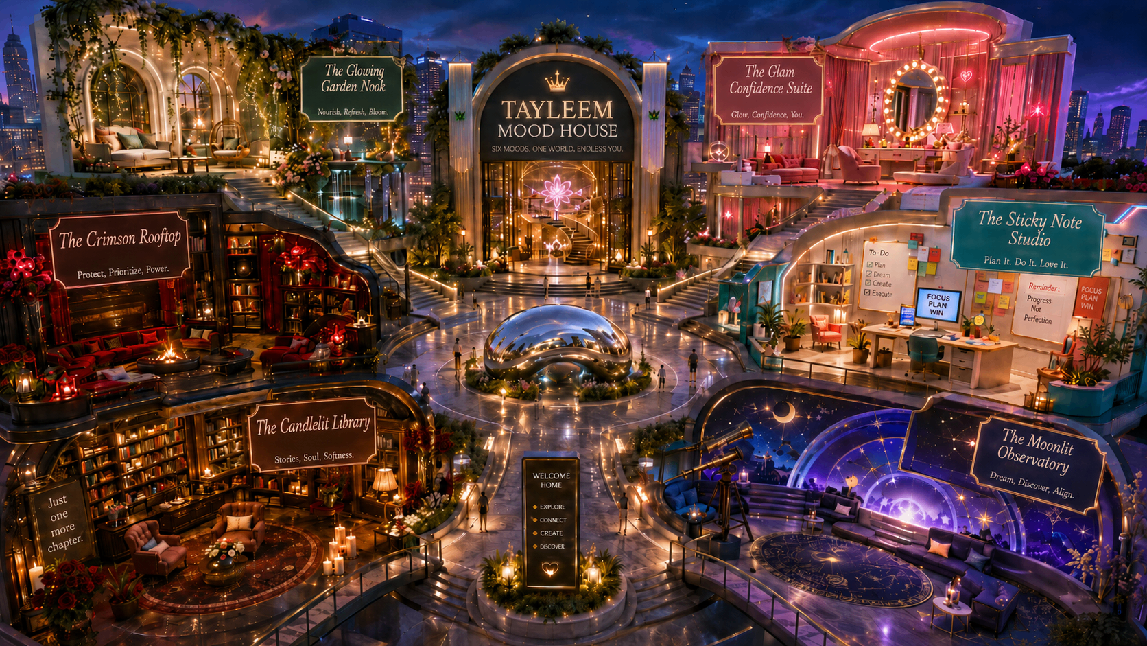 The TayLeem Mood House — an illustrated night-time building with six mood rooms: The Glowing Garden Nook, The Glam Confidence Suite, The Sticky Note Studio, The Crimson Rooftop, The Candlelit Library and The Moonlit Observatory.
